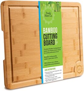 extra large bamboo kitchen cutting board by fresh nest co. | xl 16 x 12 wood cutting board with handle | thick wooden cutting board with juice groove made with organic sustainable and durable bamboo