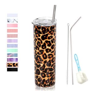 stainless steel tumbler with straw and lid, vacuum insulated double wall cup for coffee, tea, beverages(leopard, 20 oz)