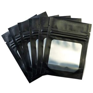 hanser | smell proof odorless mylar resealable foil pouch bags with clear window | stand up bottom | airtight | matte black | 100 pieces | 3x4 inches
