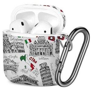 art-strap protective case, compatible with airpods 2 and 1 - shockproof soft tpu gel case cover with keychain carabiner replacement for apple airpods (italy famous landmarkvintage)