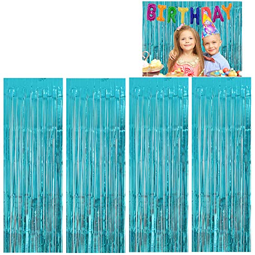 Moohome 4 Pack 3ft x 8ft Aquamarine Foil Fringe Curtain, Tinsel Door Fringe Backdrop Curtain for Birthday Wedding Engagement Graduation Celebration Bachelorette Party Decorations