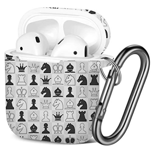 [ Compatible with AirPods 2 and 1 ] Shockproof Soft TPU Gel Case Cover with Keychain Carabiner for Apple AirPods (Chess Pieces)