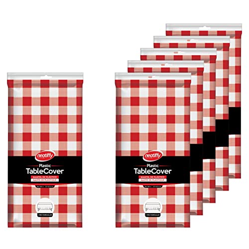 Neatiffy 54 x 108 Inch 6 Pack Rectangle Plastic Table Cloth Picnic/Camping/Party/Banquet Table Cover. Disposable/Reusable Tablecloths (Red Checkered, 6)