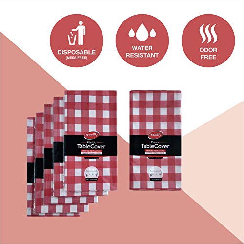 Neatiffy 54 x 108 Inch 6 Pack Rectangle Plastic Table Cloth Picnic/Camping/Party/Banquet Table Cover. Disposable/Reusable Tablecloths (Red Checkered, 6)