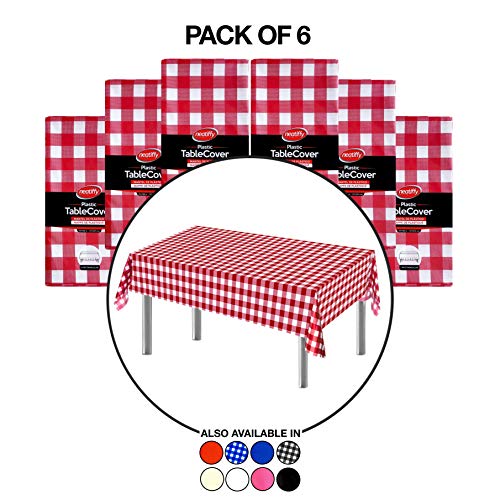 Neatiffy 54 x 108 Inch 6 Pack Rectangle Plastic Table Cloth Picnic/Camping/Party/Banquet Table Cover. Disposable/Reusable Tablecloths (Red Checkered, 6)