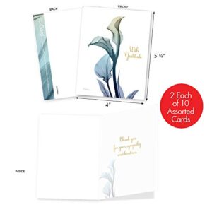 The Best Card Company - 20 Bulk Sympathy Thank You Cards (4 x 5.12 Inch) - Boxed Bereavement Notecards, Assorted Gratitude Set (10 Designs, 2 Each) - Blooming Expressions AM6221STG-B2x10