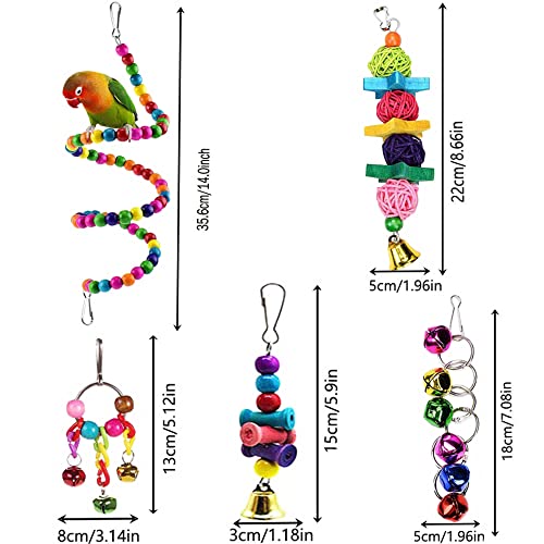 7 Pcs Bird Parakeet Cockatiel Toys, ESRISE Hanging Bell Pet Bird Cage Hammock Swing Climbing Ladders Toy Wooden Perch Chewing Toy for Conures, Love Birds, Finche, Budgerigar