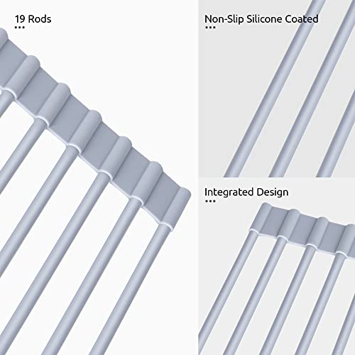 U-Taste Roll Up Dish Drying Rack 16.5 by 13.7 Inches, Over The Sink Foldable Multipurpose Silicone Dish Drainer Warm Gray, Small