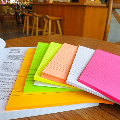 Creatiburg Big Sticky Notes Lined 6x8 inches 50 Sheets/Pad 6 Pads/Pack Large Self-Stick Note Pads with Lines, 6 Bright Colors Easy Post Individually Wrapped, Office Supplies School Gift Set