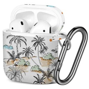 [ compatible with airpods 2 and 1 ] shockproof soft tpu gel case cover with keychain carabiner for apple airpods (island palm trees hand drawing)