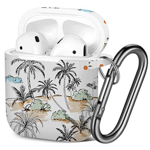 [ Compatible with AirPods 2 and 1 ] Shockproof Soft TPU Gel Case Cover with Keychain Carabiner for Apple AirPods (Island Palm Trees Hand Drawing)