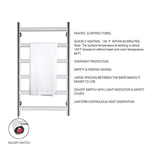 HEATGENE Towel Warmer 6 Flat Bar Towel Dryer Wall-Mounted Plug-in Bath Towel Heater - Brushed