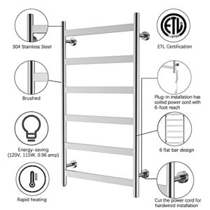 HEATGENE Towel Warmer 6 Flat Bar Towel Dryer Wall-Mounted Plug-in Bath Towel Heater - Brushed