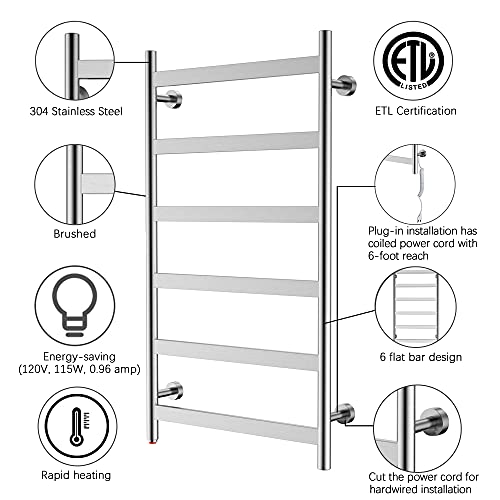 HEATGENE Towel Warmer 6 Flat Bar Towel Dryer Wall-Mounted Plug-in Bath Towel Heater - Brushed