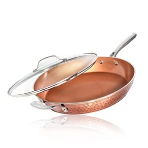 gotham steel hammered copper collection – 10” nonstick fry pan with lid, premium cookware, aluminum composition with induction plate for even heating, dishwasher & oven safe
