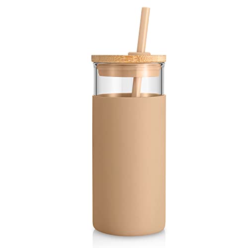 tronco 20 oz Glass Tumbler Glass Water Bottle Straw Silicone Protective Sleeve Bamboo Lid - BPA Free -Amber