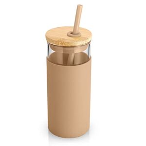 tronco 20 oz Glass Tumbler Glass Water Bottle Straw Silicone Protective Sleeve Bamboo Lid - BPA Free -Amber