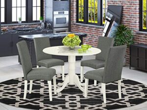 east west furniture dldr5-lwh-07 5pc round 42" kitchen table with two 9-inch drop leaves and four parson chair white finish leg and linen fabric-gray color, 5