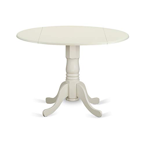 East West Furniture DLDR5-LWH-07 5Pc Round 42" Kitchen Table With Two 9-Inch Drop Leaves And Four Parson Chair White Finish Leg And Linen Fabric-Gray Color, 5