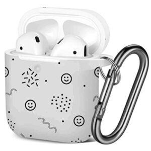 [ compatible with airpods 2 and 1 ] shockproof soft tpu gel case cover with keychain carabiner for apple airpods (smiley face)
