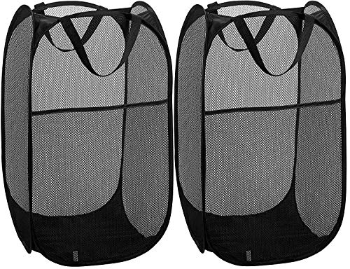 V-Shine Mesh Pop-Up Laundry Hamper, Collapsible Mesh Laundry Hamper Basket with Reinforced Carry Handles,Folding Pop-Up Clothes Hampers for Room, College Dorm or Travel (Black, 2Pack)