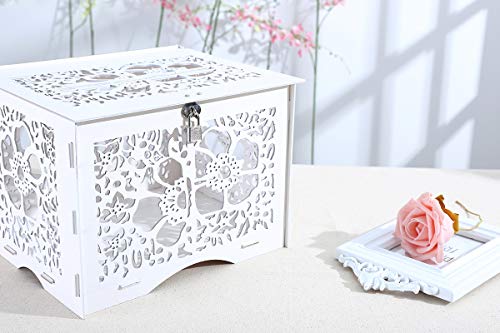 Artmag Wedding Money Box Holder with Sign, Large Rustic Wood Wooden Envelop Gift Card Boxes with Lock Slot for Reception Anniversary Party Parties White