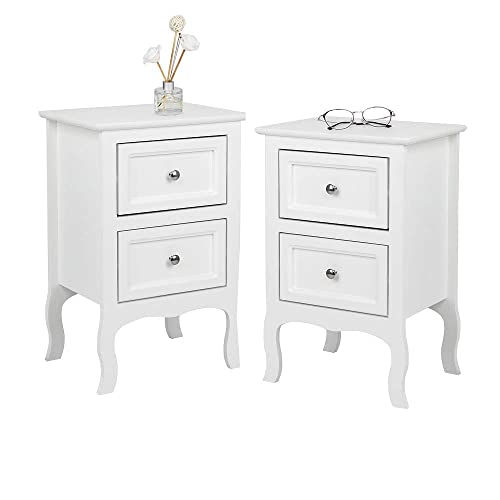 Bonnlo White Nightstand with 2 Drawers, Farmhouse Night Stands for Bedrooms Set of 2, Small Bed Side Table/Night Stand for Small Spaces, College Dorm, Kids’ Room, Living Room, 16W x 12D x 24H