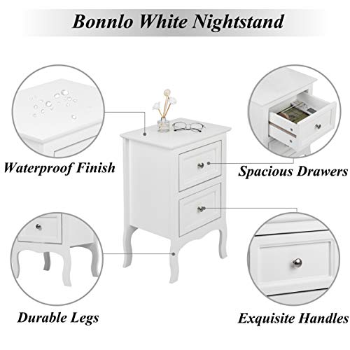 Bonnlo White Nightstand with 2 Drawers, Farmhouse Night Stands for Bedrooms Set of 2, Small Bed Side Table/Night Stand for Small Spaces, College Dorm, Kids’ Room, Living Room, 16W x 12D x 24H