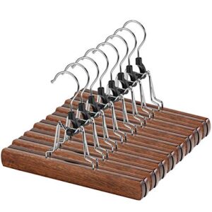 amkufo 12 pack wooden pants hangers with clips non slip skirt hangers walnut trouser clamp hanger solid wood hanger with 360° swivel hook