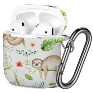 [ compatible with airpods 2 and 1 ] shockproof soft tpu gel case cover with keychain carabiner for apple airpods (baby animals sloth nursery)