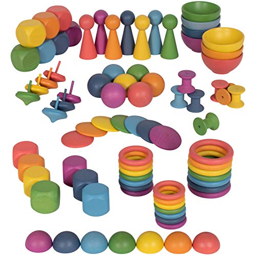 TickiT 73979 Rainbow Wooden Super Set - Set of 84 - 12 Different Shapes in 7 Colors - Loose Parts Play Set for Babies and Toddlers 10m+ - Inspire Curiosity and Open-Ended Play