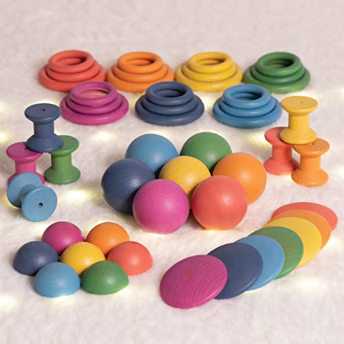 TickiT 73979 Rainbow Wooden Super Set - Set of 84 - 12 Different Shapes in 7 Colors - Loose Parts Play Set for Babies and Toddlers 10m+ - Inspire Curiosity and Open-Ended Play