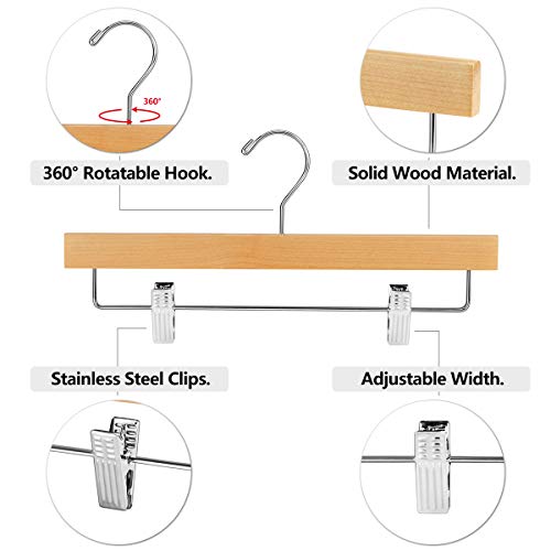 AMKUFO 20pcs Wooden Pants Hangers Solid Pants Hangers with Adjustable Clips 14 Inch Natural Wood Skirt Hangers Trousers Bottom Hangers with Non-Slip Clips and 360° Swivel Hook