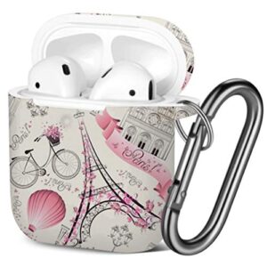 [ compatible with airpods 2 and 1 ] shockproof soft tpu gel case cover with keychain carabiner for apple airpods (paris symbols romantic)