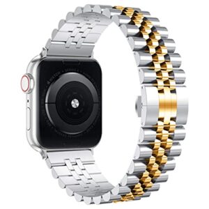 wolait compatible with apple watch band 49mm 45mm 44mm 42mm,stainless steel heavy band with butterfly folding clasp link bracelet for iwatch ultra series 8/7/6/se/ 5/4/3/men women,silver/gold