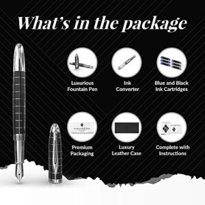 Wordsworth & Black Majesti Fountain Pen - (Checked), Luxury Case, Chrome Finish, Iridium Medium Nib - 24 Ink Cartridges, Refillable Ink Converter-Calligraphy Pen-Best Business Gift Set for Men & Women