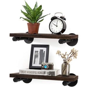 mkono floating shelves wall mounted industrial shelves rustic wood wall shelf with pipe brackets set of 2 storage shelving farmhouse home decor for bathroom living room kitchen office
