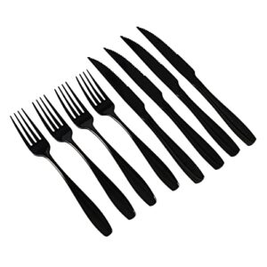 Wekioger Black Stainless Steel Steak Knife and Fork Set, 8 Pieces