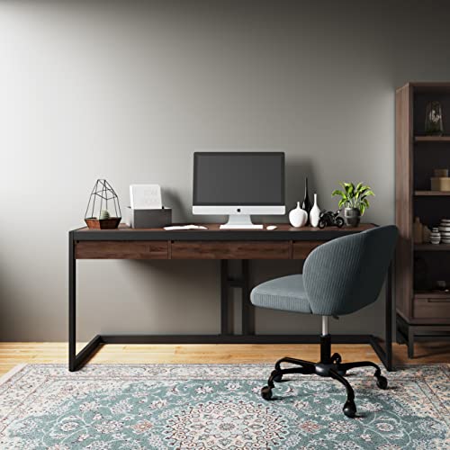 SIMPLIHOME Erina SOLID ACACIA WOOD Modern Industrial 72 inch Wide Large Desk,Office Desk, Writing Table, Workstation, Study Table in Distressed Charcoal Brown,