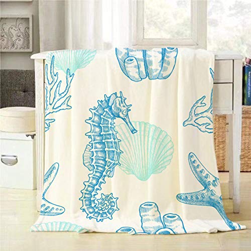 Mugod Sea Life Throw Blanket Seahorse Starfish Coral Sprigs and Seashell Marine Seamless Pattern Decorative Soft Warm Cozy Flannel Plush Throws Blankets for Baby Toddler Dog Cat 30 X 40 Inch