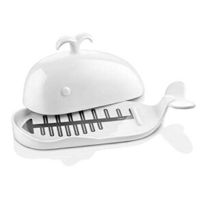 dowan porcelain butter dish with cutting measuring line, large whale butter dish with cover of non-slip design, ceramic butter dishes with handle for east/west coast butter, white