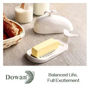 DOWAN Porcelain Butter Dish With Cutting Measuring Line, Large Whale Butter Dish with Cover of Non-slip Design, Ceramic Butter Dishes with Handle for East/West Coast Butter, White