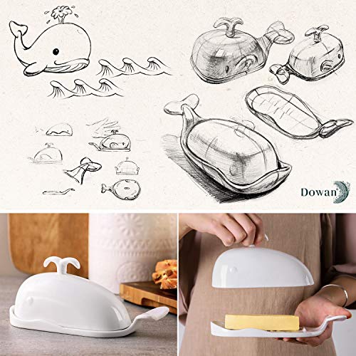 DOWAN Porcelain Butter Dish With Cutting Measuring Line, Large Whale Butter Dish with Cover of Non-slip Design, Ceramic Butter Dishes with Handle for East/West Coast Butter, White