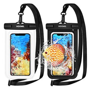 hoomil waterproof phone pouch, 2 pack universal ipx8 waterproof phone case dry bag with lanyard for samsung galaxy a53 5g/s22 ultra/iphone 14 pro max - black, clear