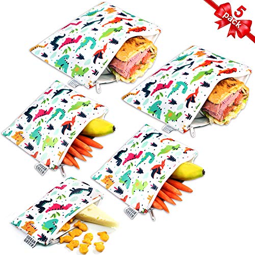 Reusable Sandwich Snack Bags for kids Urban Green, Sandwich bags zipper dishwasher safe, snack pouch bag cloths, Lunch Bags, BPA Free, 5 pack, Dinosaur snack Bags, Toiletry Makeup Bag