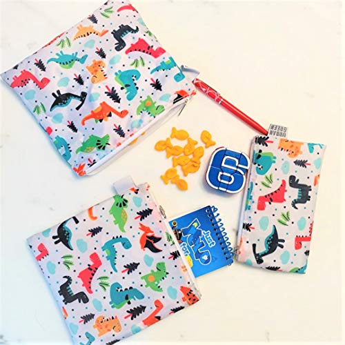 Reusable Sandwich Snack Bags for kids Urban Green, Sandwich bags zipper dishwasher safe, snack pouch bag cloths, Lunch Bags, BPA Free, 5 pack, Dinosaur snack Bags, Toiletry Makeup Bag