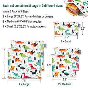 Reusable Sandwich Snack Bags for kids Urban Green, Sandwich bags zipper dishwasher safe, snack pouch bag cloths, Lunch Bags, BPA Free, 5 pack, Dinosaur snack Bags, Toiletry Makeup Bag