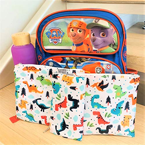 Reusable Sandwich Snack Bags for kids Urban Green, Sandwich bags zipper dishwasher safe, snack pouch bag cloths, Lunch Bags, BPA Free, 5 pack, Dinosaur snack Bags, Toiletry Makeup Bag