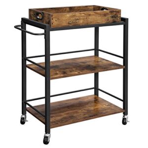 vasagle industrial bar cart for the home, serving cart with wheels and handle, 3-tier beverage cart with removable tray and storage shelves for living room kitchen, rustic brown and black ulrc72x