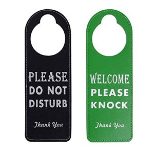 kichwit do not disturb sign for office, 2 pack door knob hanger sign, welcome please knock sign (black + green)